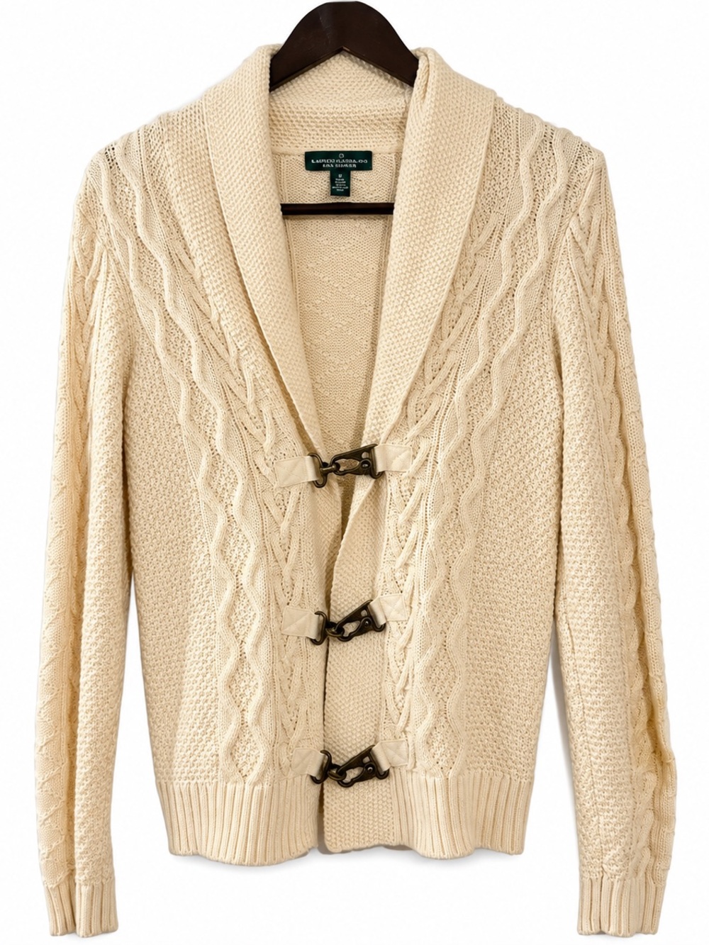 BEAUTIFUL! Lauren Ralph Lauren Cream Cable-Knit Shawl Collar Cardigan Sweater